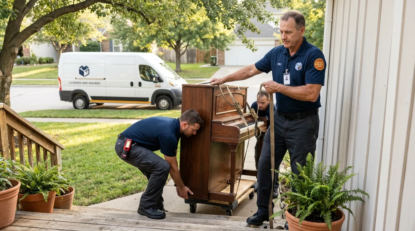 Licensed piano movers securing grand piano in Valdese, NC
