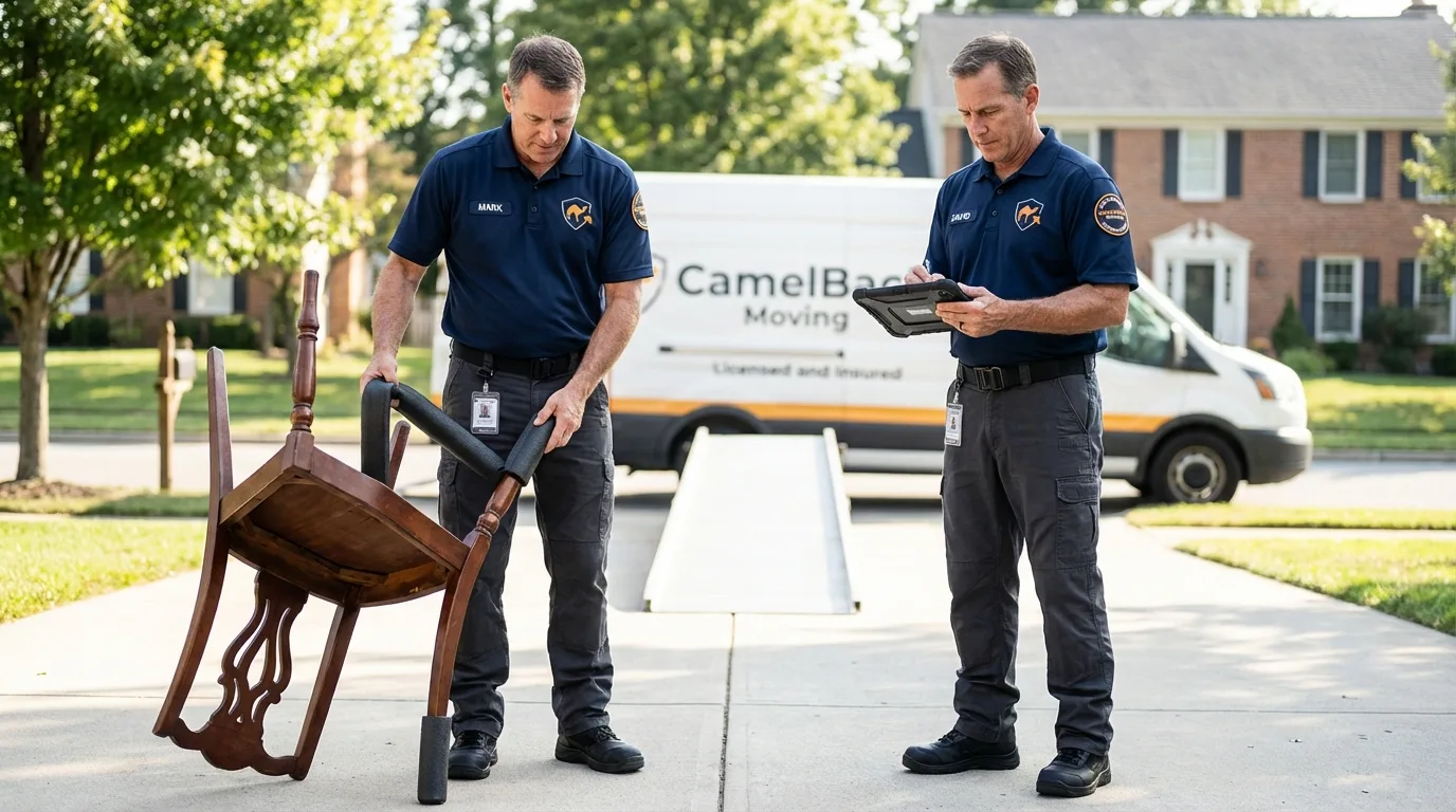 Movers inspecting furniture for damage prevention before loading in Valdese, NC