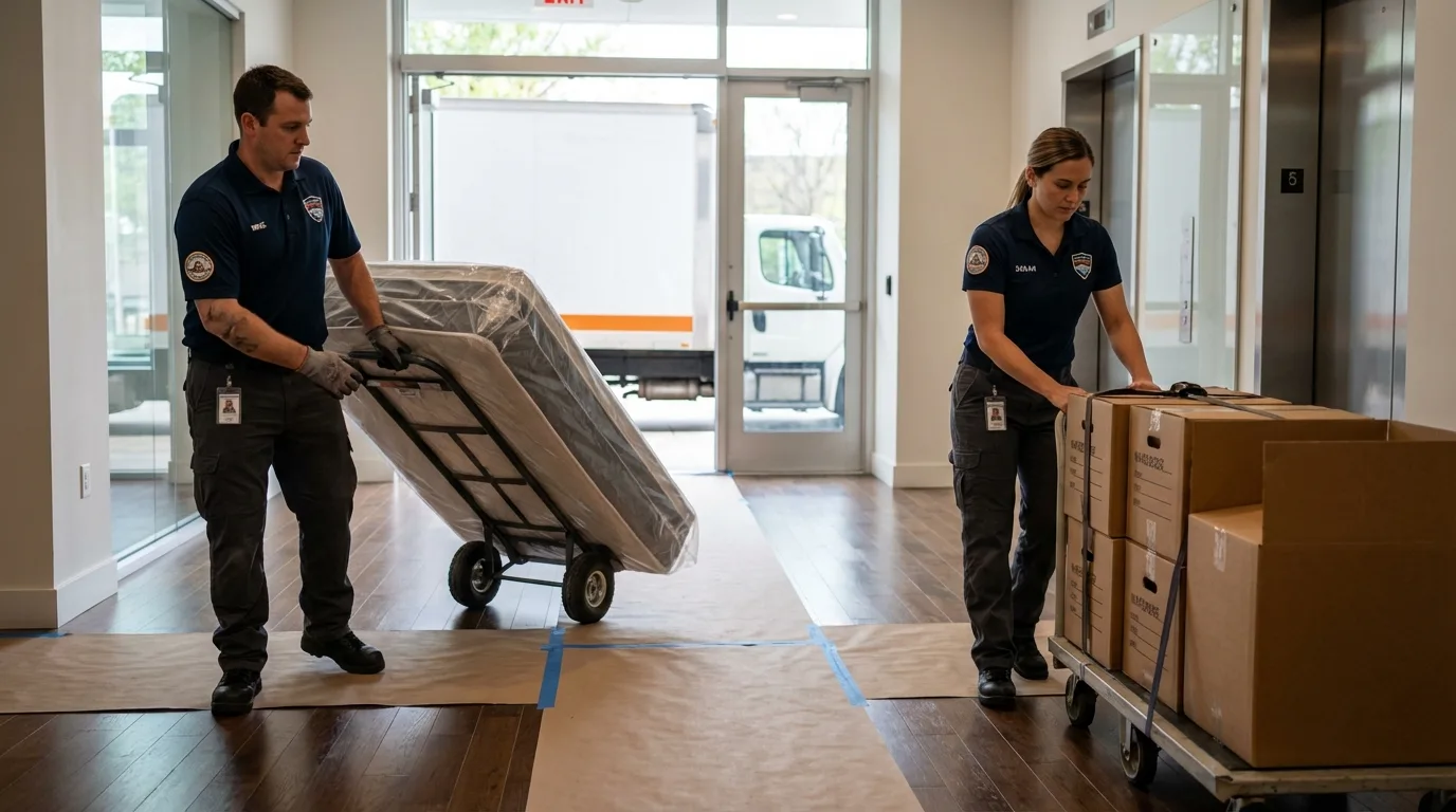 Professional apartment movers loading elevator in Valdese, NC